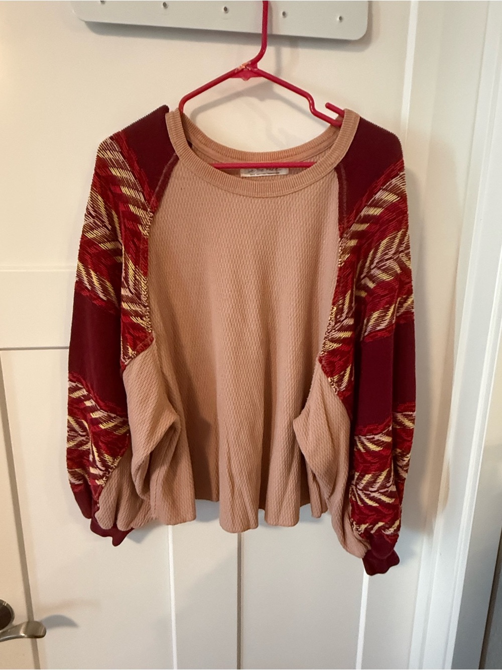 We the free Beige and Burgundy Mixed-Pattern Raglan Long Sleeve Top size small